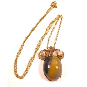 Vintage Big Striped Gemstone Floral 12K Gold Filled Chain Pendant Necklace